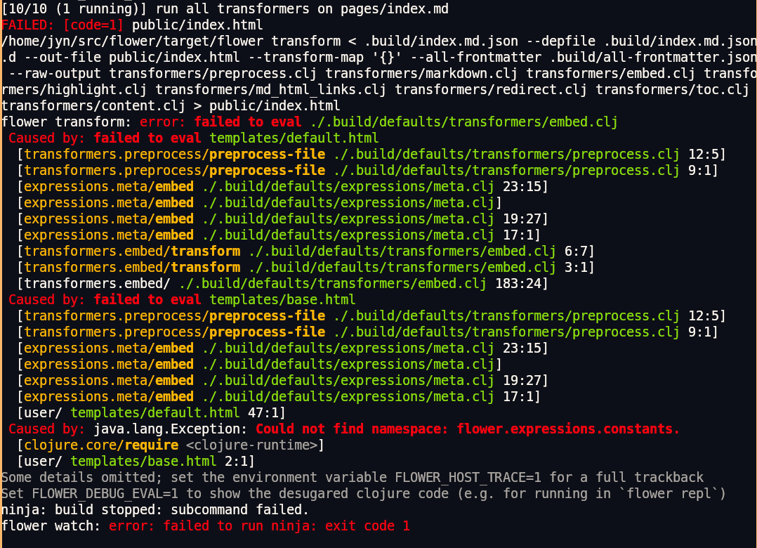 A colorful, multi-cause stack trace. Each error identifies the file where it happened and a clojure stack trace within that file. At the end, it says that more detail is available if you set an environment variable.
